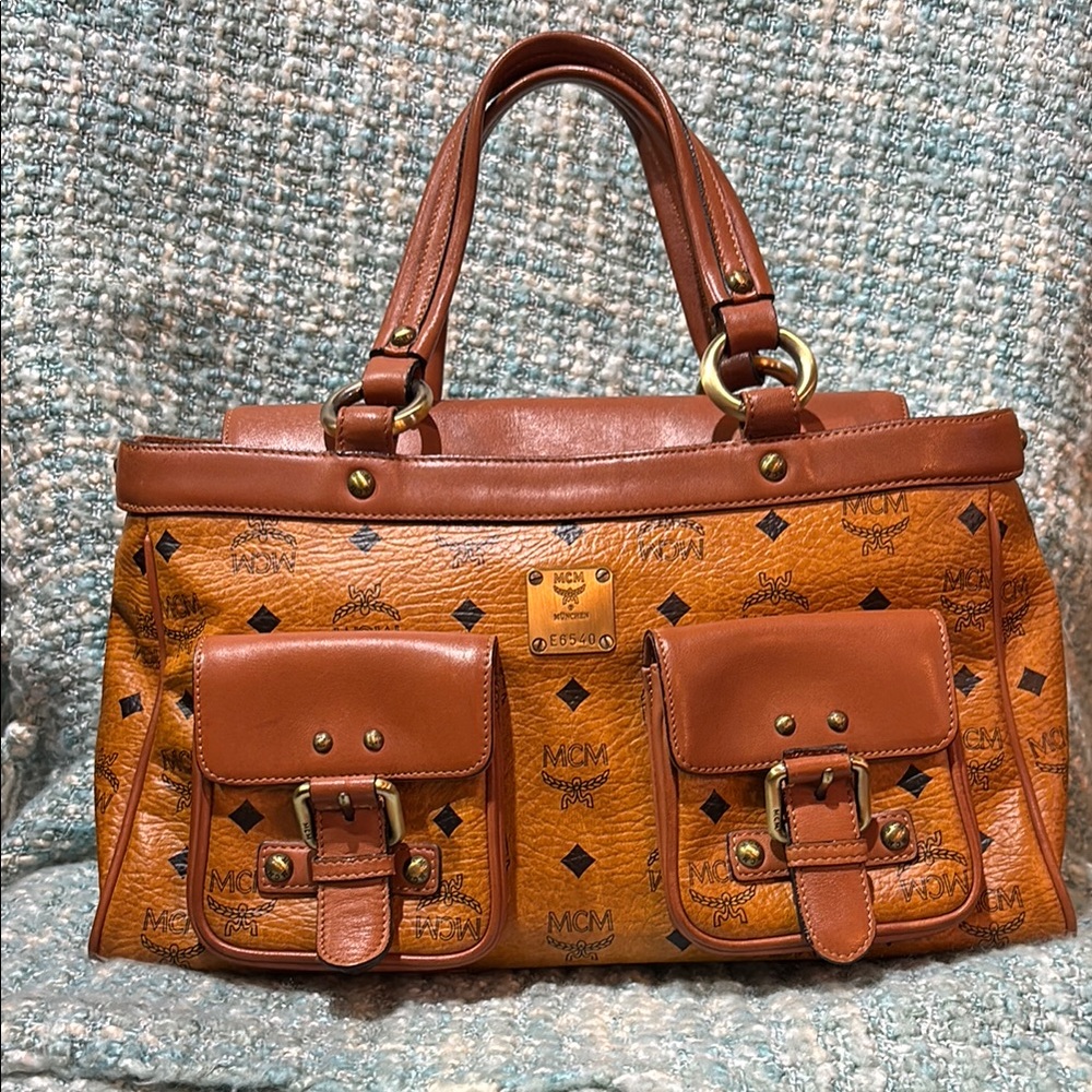 H.P. 🎉 MCM Cognac Visetos Satchel Handbag with Brass Hardware